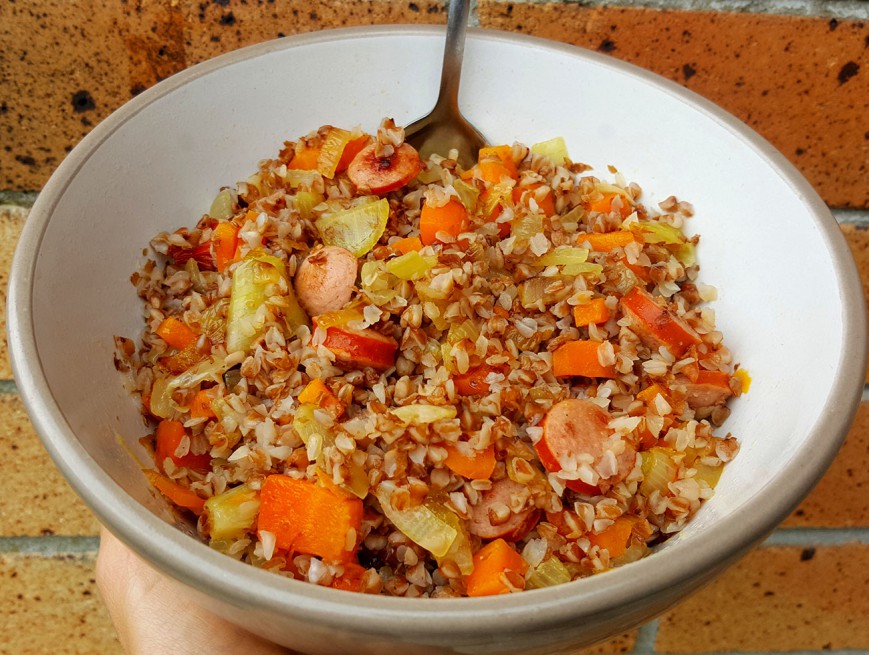 buckwheat with onions carrot sausage